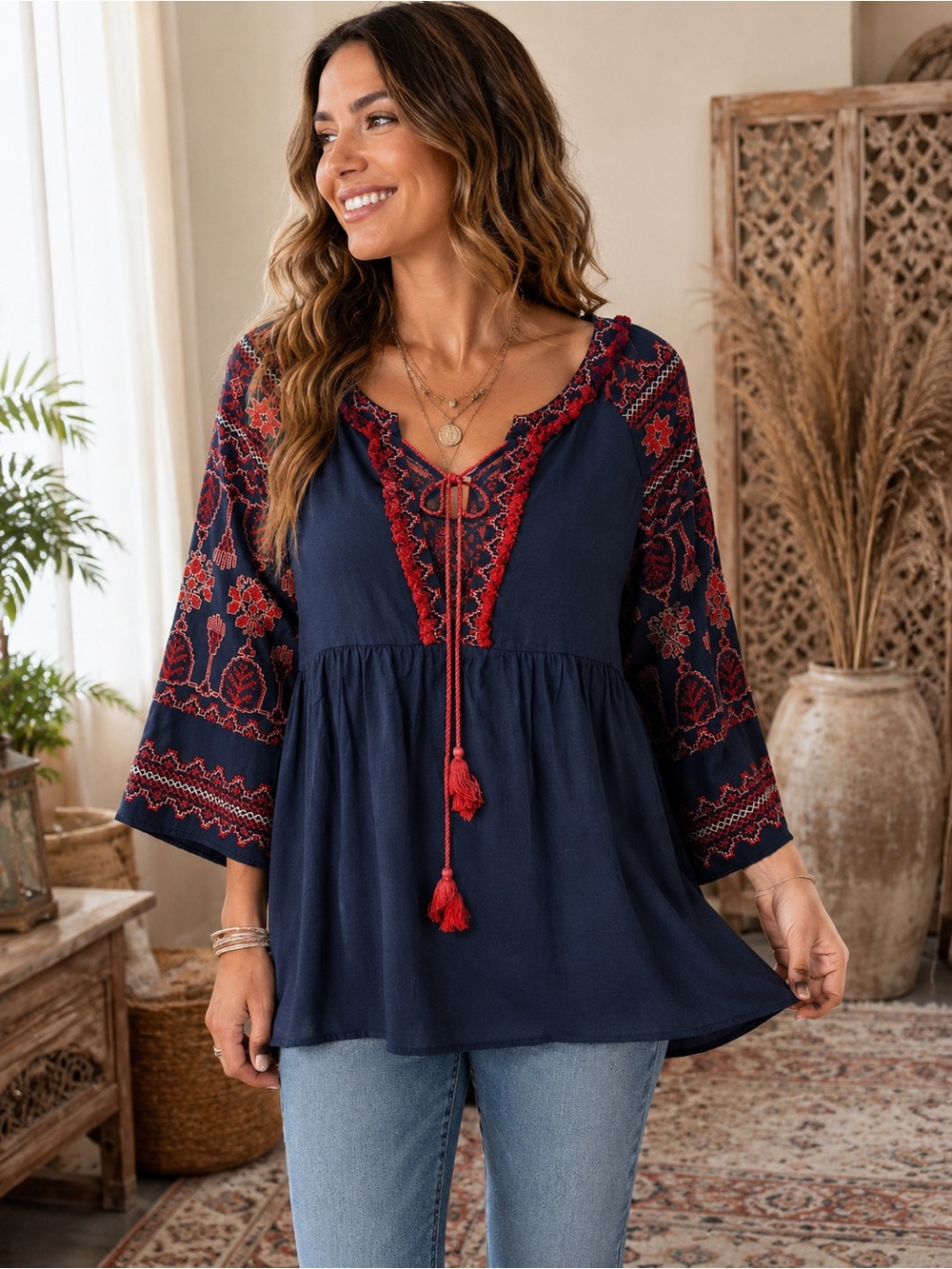 NWOT Free the Roses Navy Tunic with Red and White Embroidered Details Size Small